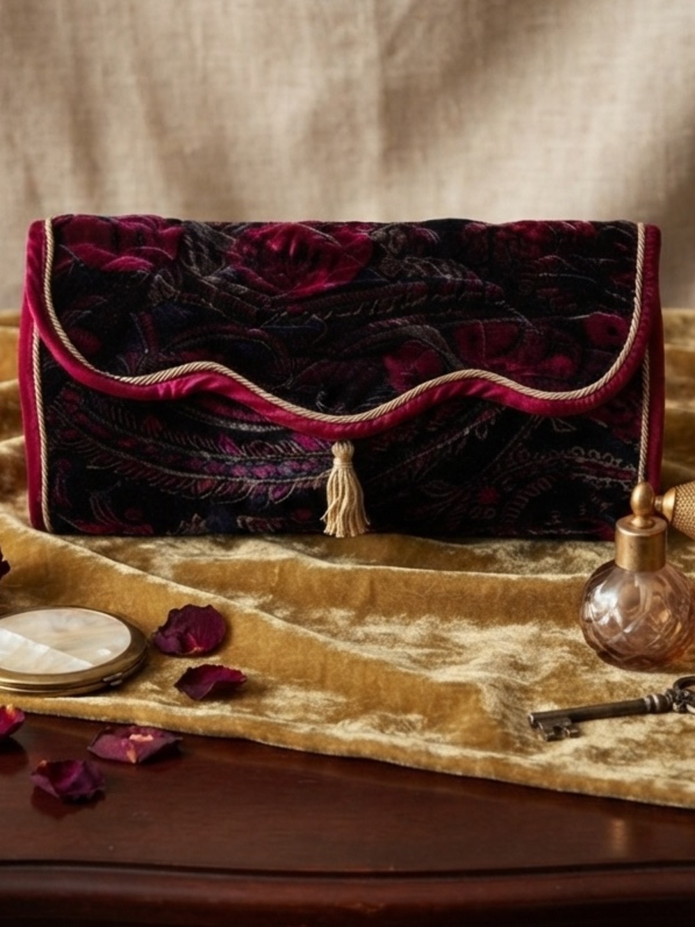 Vintage Secret Garden Velvet Floral Toiletry Bag / Oversized Clutch